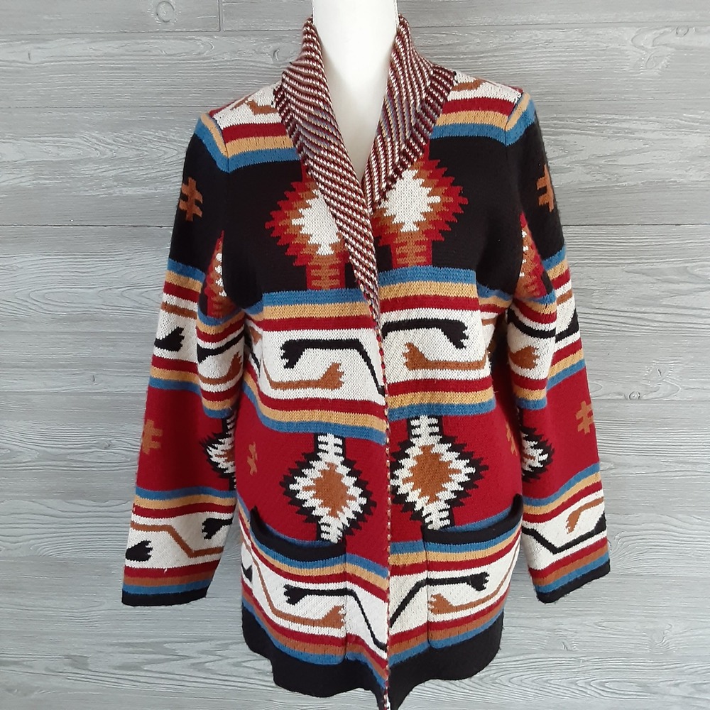 Anne French Womens Large Southwestern Geometric Shawl Collar Open Cardigan Red